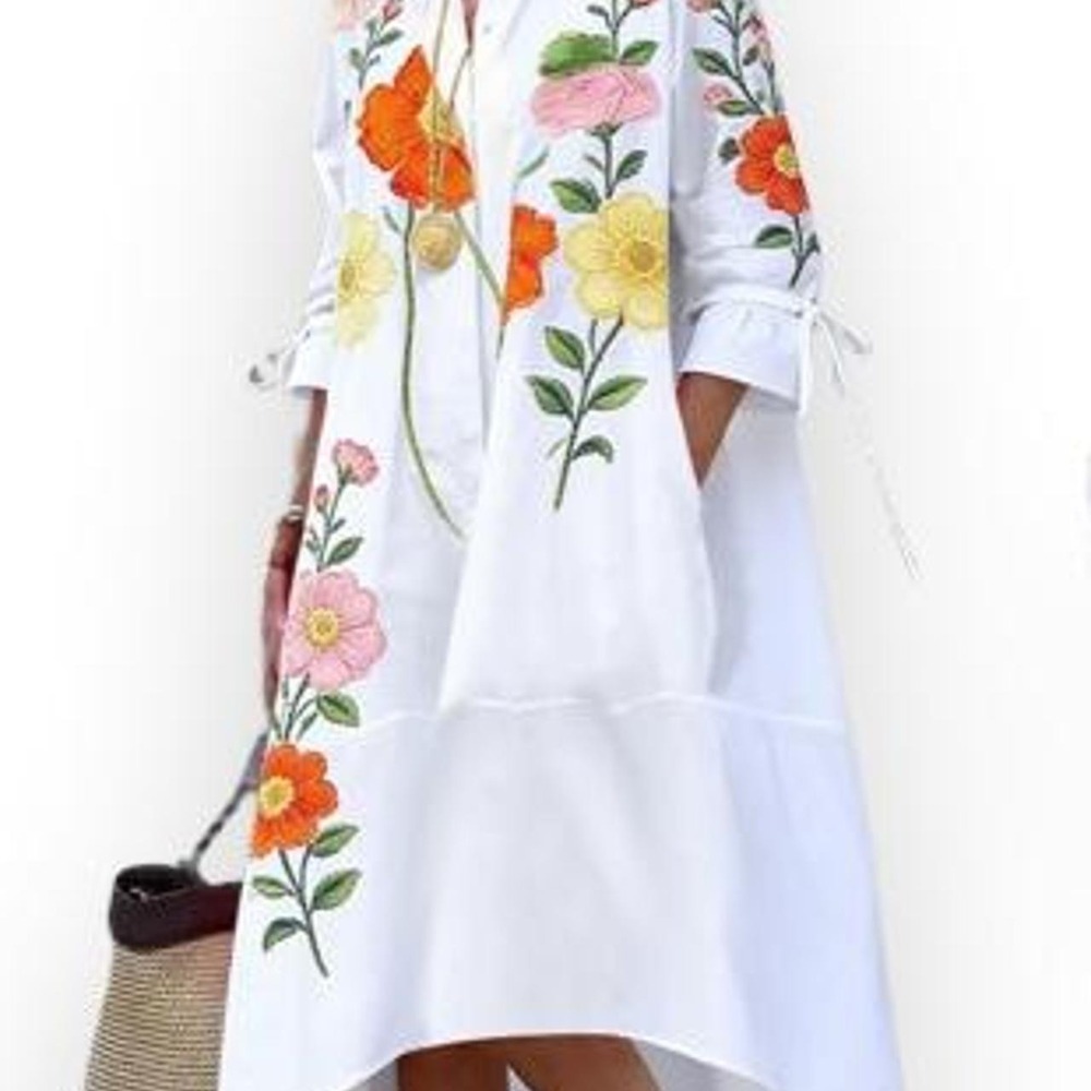 UOOZEE Women's A-Line Half Sleeve Buttoned Flower Print Tied Lapel Midi Dress